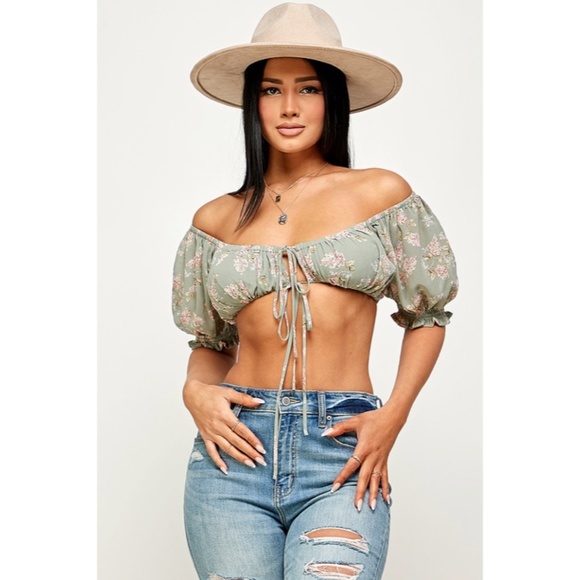 Sage Floral Cropped Off/On The Shoulder Tie Front Short Sleeve Top Casual - Picture 3 of 7